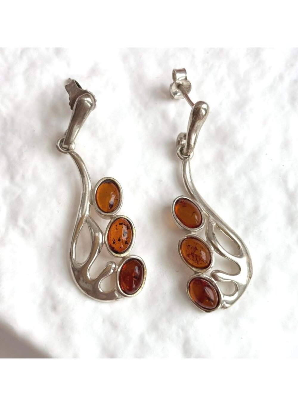 Natural Baltic Amber Accented Modernist Sterling Silver Classic 925 Earrings